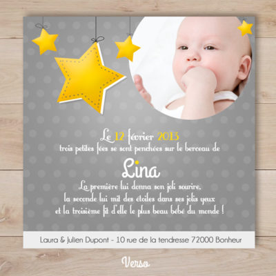 faire part de naissance theme étoiles gris et jaune