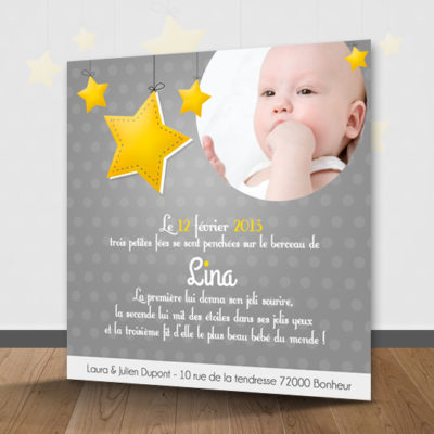 faire part de naissance theme étoiles gris et jaune