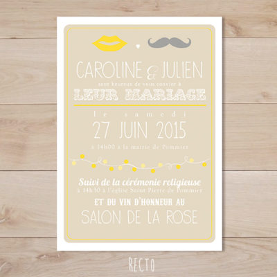 faire part mariage jaune et beige moustache