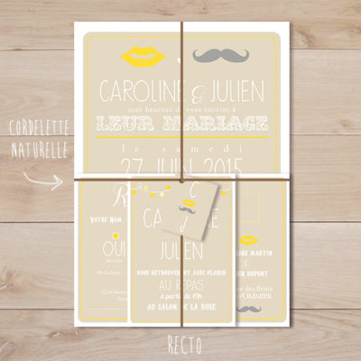 Faire part mariage jaune et beige retro