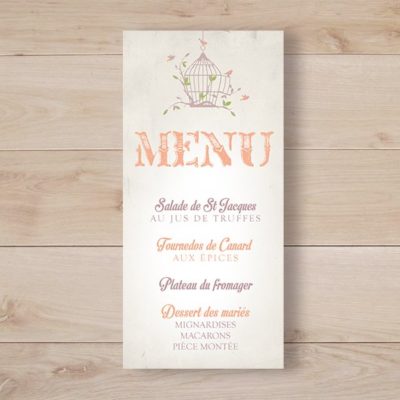 menu mariage cage a oiseaux retro champetre