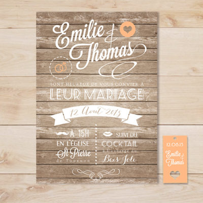 faire part mariage vintage wood fond bois moustache