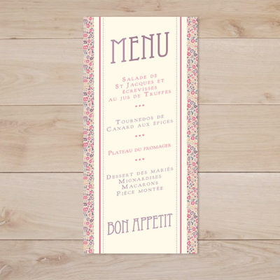 menu mariage love liberty fairford rose violet