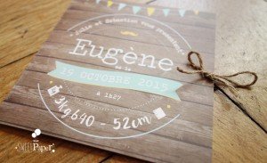 faire part bapteme fond bois mint jaune moutarde