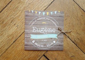 faire part naissance bois bleu jaune moutarde vintage