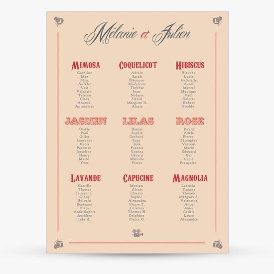 plan-de-table-mariage-grand-format-tableau-sur-mesure-personnalise-retro-vintage-kraft-cinema-projecteurs-corail-rouge