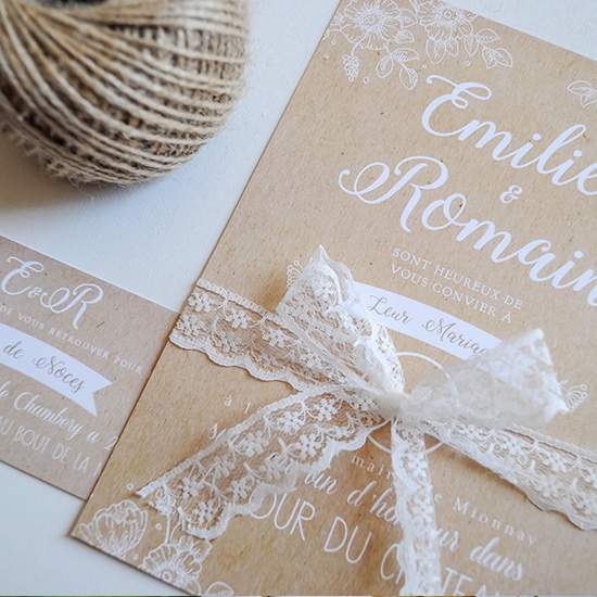 Faire-part mariage Kraft et Dentelle