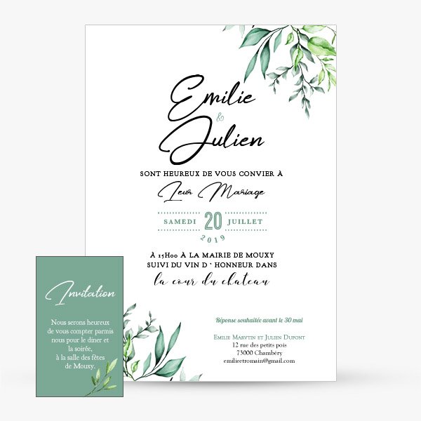 Faire part mariage feuillage vegetal nature