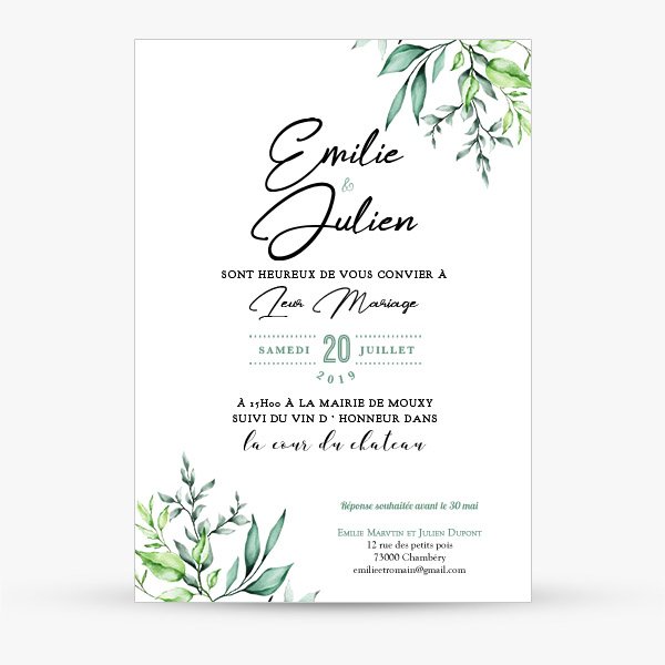 Faire part mariage feuillage vegetal nature