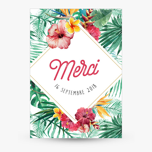 Carte de remerciement JUNGLE avec feuilles et fleurs tropicales