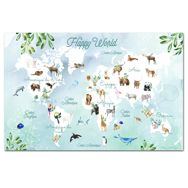 Carte du monde des animaux à l'aquarelle - À partir de 29€