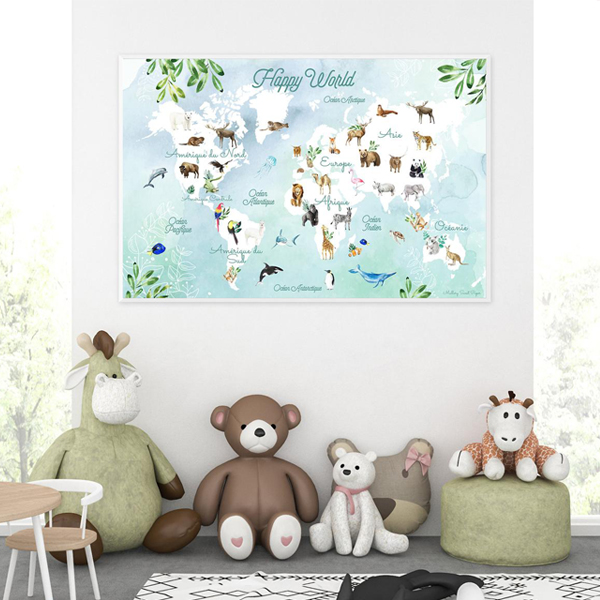 Tableau carte du monde chambre enfant Animaux