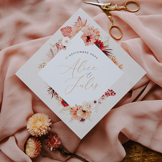 faire part mariage kraft pochette arbre avec branches fleurs rose