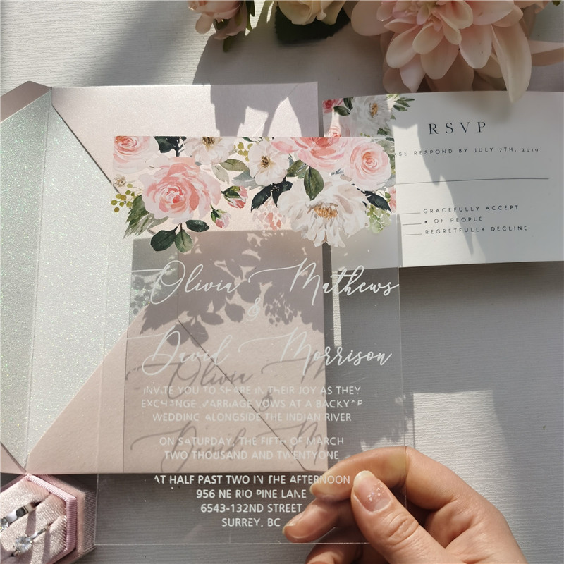 Faire-Part Mariage Fleurs Pêche, Rectangle 3 en 1