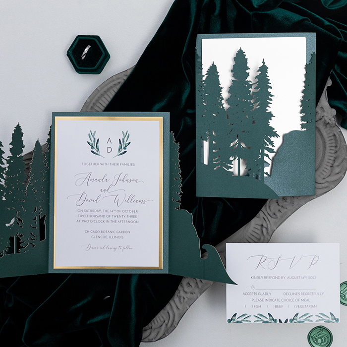 faire part mariage laser forêt sapins montagne