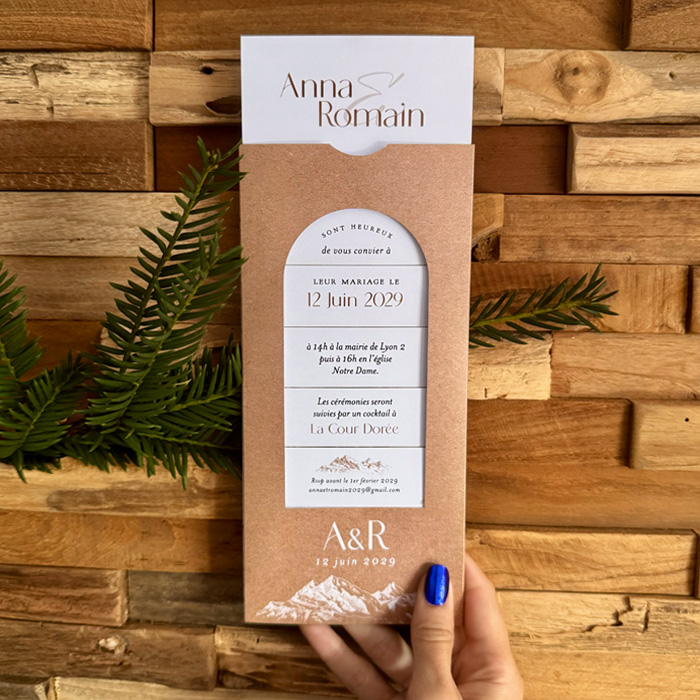 faire-part-mariage-sur-mesure-original-2-photos-coulissant-accordeon-a-tirer-tirette-magique-montagne-kraft-été-sommet-montagneux